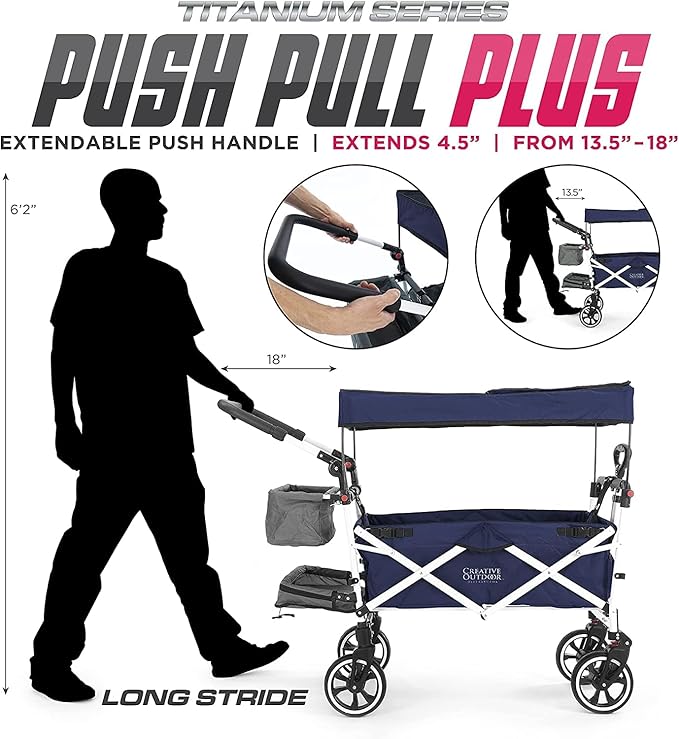 Creative Outdoor Wagon for Kids Push Pull Collapsible Stroller with Canopy Folding Cart | Titanium Series Plus | Beach, Park, Garden (Solid Navy Blue)