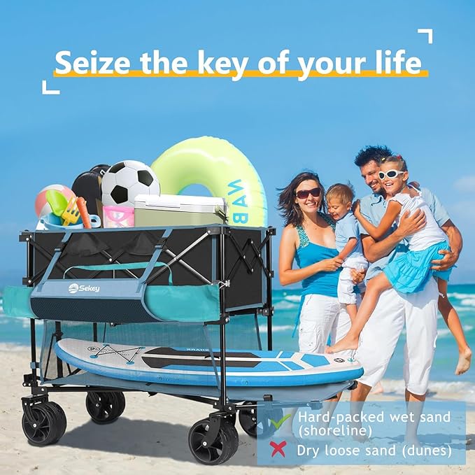 400L Large Capacity Folding Double Decker Wagon with Brakes, 50" Extra Long Extender Cart, 500lbs Heavy Duty Collapsible Wagons, All-Terrain Big Wheels for Camping, Sports, Shopping. Blue