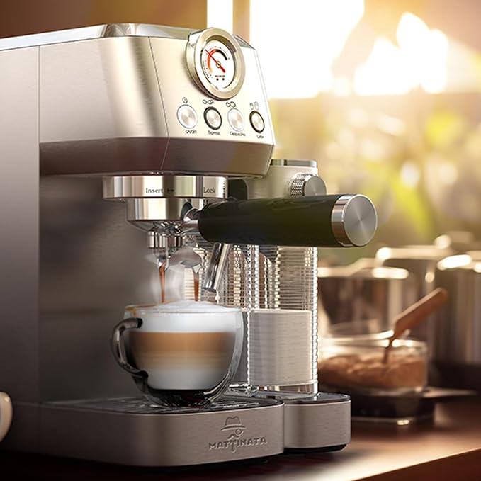 Cappuccino Coffee Machine with Automatic Milk Frother, Compact Espresso Machine with Pressure Gauge, Stainless Steel Cappuccino Maker with for Home, Office