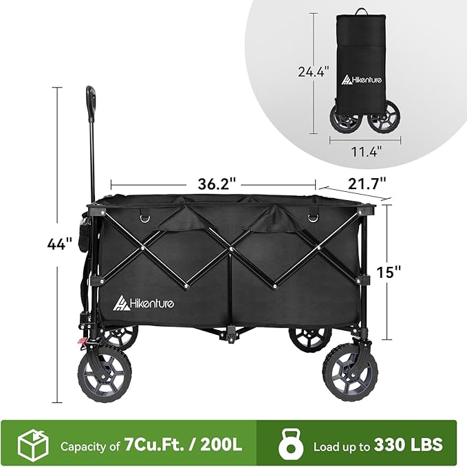 Hikenture 330lbs Collapsible Wagon Cart, Ultra-Large Wagons Carts Foldable Heavy Duty, Utility All Terrain Folding Wagon with Wheels for Groceries, Garden, Sports, Beach, Shopping, Black