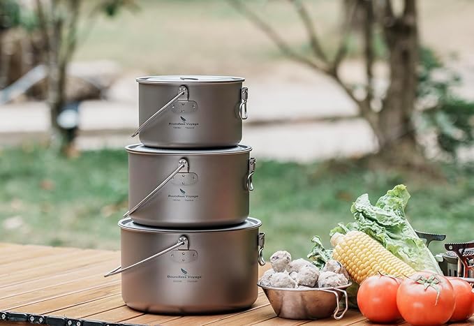 iBasingo 3-Piece Titanium Pot Set (1.3L+1.95L+2.9L) with Lids Ultralight Camping Cookware for Backpacking, Hiking & Outdoor Cooking, Nesting Backpacker Pots with Measurement Marks Ti2056C