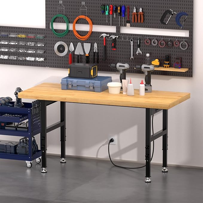 60" Work Bench, Adjustable Height Workbench with Rubber Pad, Heavy-Duty Work Table with Power Outlets, 2000 LBS Capacity Workstation for Garage, Workshop, Office, Home