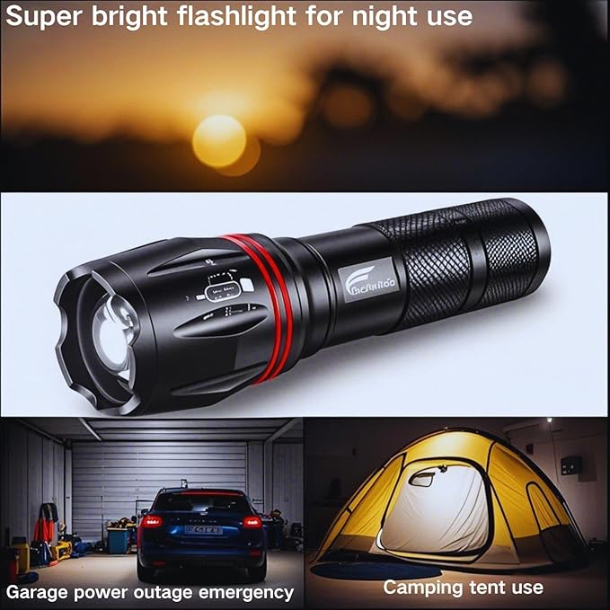 HAUSBELL T8 Upgraded Flashlight Bright, Zoomable Tactical LED Flashlights Flash Light with High Lumens and Five Modes and Camping Accessories, 4 Pack