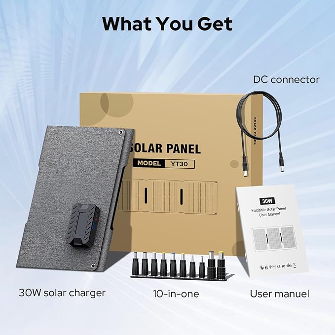 30W Portable Solar Panel Charger, Foldable ETFE Monocystalline Panel with USB-C USB-A and DC Outputs, IP65 Waterproof, High Conversion for Phones,Power Stations, RV, Outdoor Use