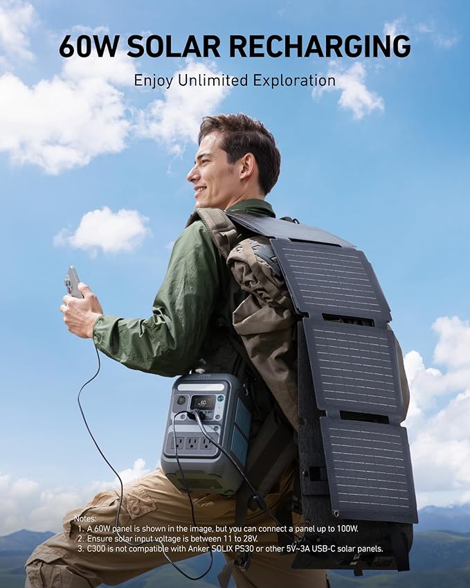 Anker Solar Generator SOLIX C300 with 60W Solar Panel, 288Wh Portable Power Station, 300W (600W Surge), LiFePO4 Battery, 140W Two-Way Fast Charging, for Outdoor Camping, Traveling, and Emergencies