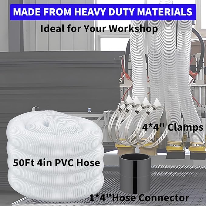 JUYO VONSAN 4 inch Dust Collection Hose 50ft Flexible Heavy Duty Clear PVC Dust Debris With Free 4"" Dust Hose Connector and Hose Clamps for Dust Collectors (4 inch x 50 ft)