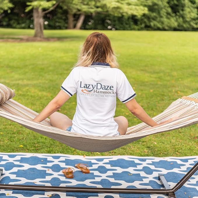 Lazy Daze Hammocks Quilted Fabric Hammock with 12 Feet Stand, 2 People Double Hammock with Stand for Outdoor Indoor Patio Garden Backyard, 450 lbs Capacity, Olive Green&Taupe Stripes