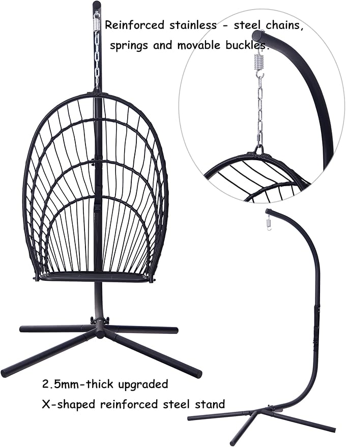 Indoor/Outdoor Egg Hanging Chair with Stand - Patio Wicker Swing Hammock Chair. 350lbs Capacity, Cushioned. Ideal for Bedroom, Balcony, Porch, Garden. Versatile Swing Chair for All Spaces