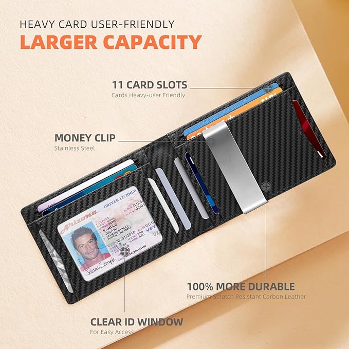 RUNBOX Slim Wallets for Men - Leather Money Clip Mens Wallet - RFID Blocking Front Pocket Bifold Wallet - Thin Credit Card Holder with Gift Box