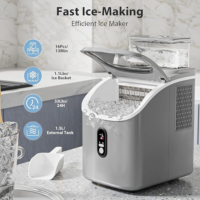 Countertop Ice Cube Maker Machine with External Water Tank,16Pcs/5Mins,34Lbs/Day,2 Ways to Add Water,Portable Compact Small Ice Maker with Auto-Cleaning,Perfect for Home/Kitchen/Camping/RV