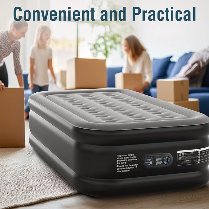 Twin Air Mattress Twin with Built in Pump 16" Double Height Inflatable Mattress with Soft Flocked Top & Carry Bag Adjustable Blow Up Mattress Portable Air Bed for Guest Indoor Travel-Black