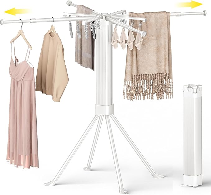 BIREN Clothes Drying Rack Foldable Extending Laundry Rack with 16 Clips Collapsible Clothing Rack Space-Saving Clothing Racks for Hanging Clothes, Indoor, Camping, Balcony, Outdoor