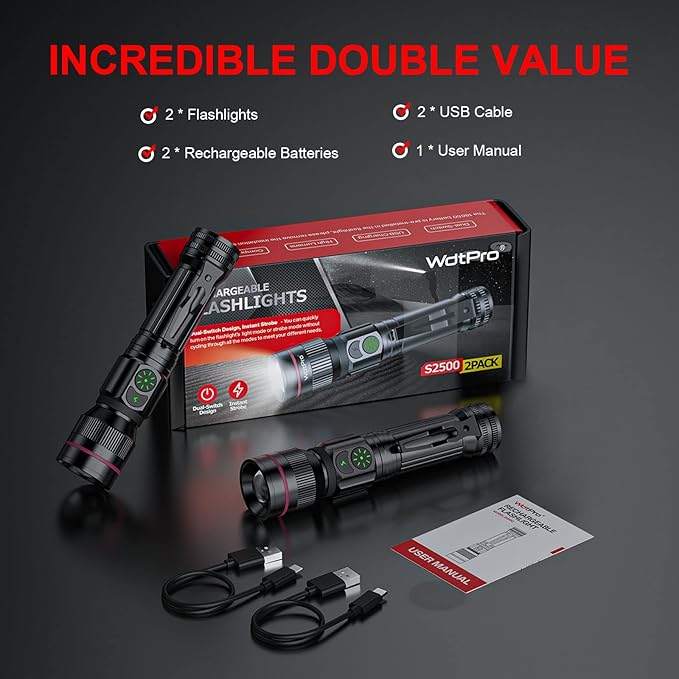 2 Pack Rechargeable Flashlight, Bright LED Flash Light, 5 Modes, Zoomable Small Torch with Clip, Waterproof, Flash Lights for Camping Essential Outdoor Home Emergency