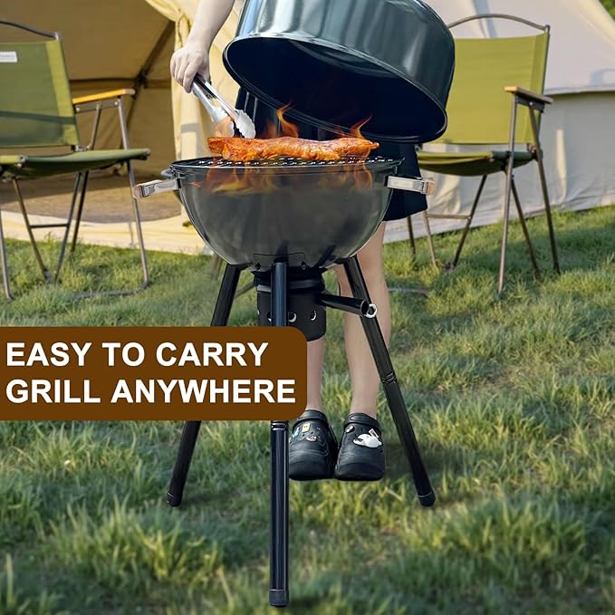 17 Inch Portable Charcoal Grill with Removable Legs, Porcelain Enamel BBQ Kettle with Ash Catcher and Wooden Handle for Camping, Tailgating, Patios, Backyards, Outdoor Cooking & Picnics