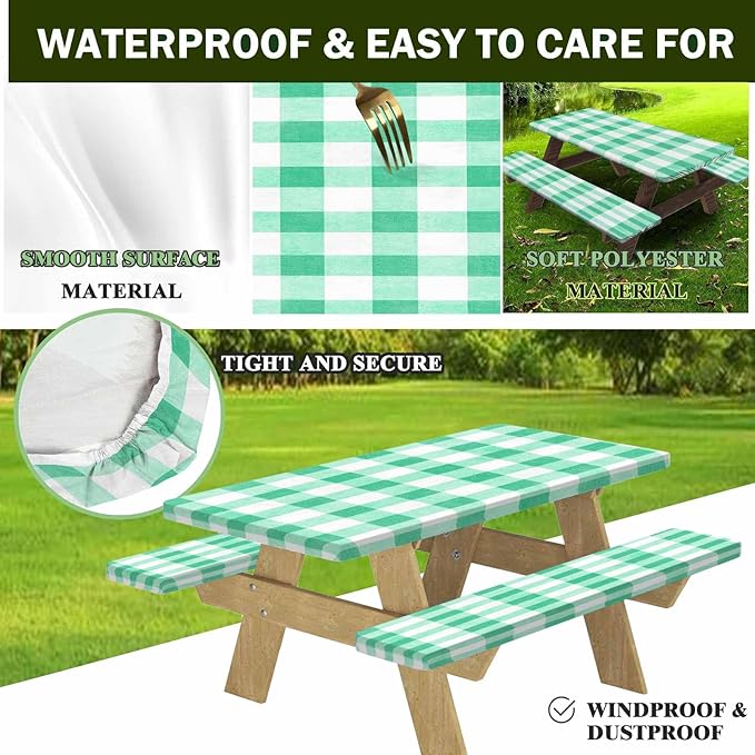 CAPSCEOLL Fitted Picnic Table Cover with Bench Covers with Elastic 8Ft Waterproof Camping Picnic Table Cover Cloths for Outdoors Camping Tablecloth with Drawstring Bag, 96X30in, Green Checkered