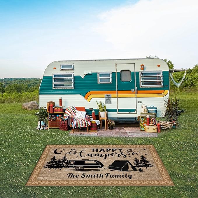 Custom Camping Rug Happy Camper RV Trailer Campsite Decor Floor Mat for Outdoors, Patio, Backyard, Picnic, Beach, Camping, 30 x 55 Inch (20 RV Optional)