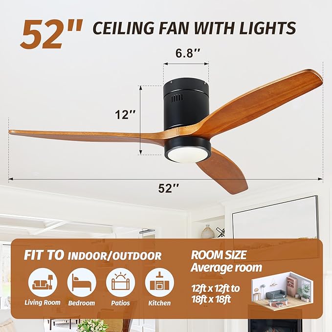 Ceiling Fans with Lights and Remote, 52 Inch Low Profile Ceiling Fan with Light, 3 Walnut Solid Wood Blade Dimmable 8H Timer 6-Speed Reversible Motor for Living Room Farmhouse Patio