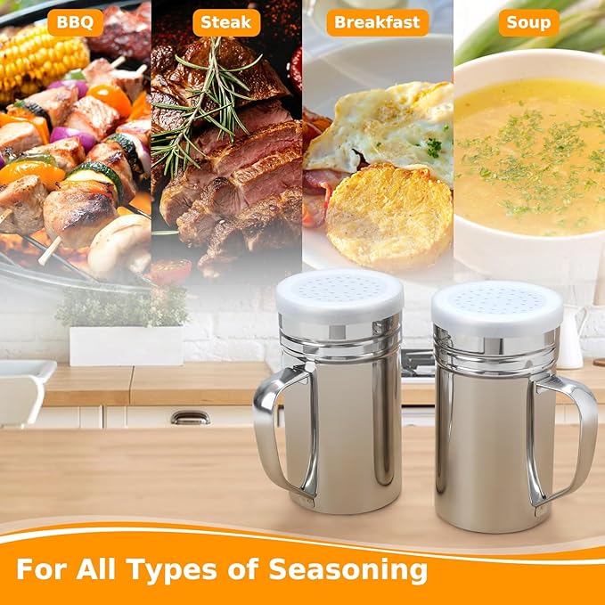 Accmor 2pcs Stainless Steel Dredge, Salt Pepper Dredge Shakers with Handle, Seasonings Spice Shakers with Lid, 14 Ounce