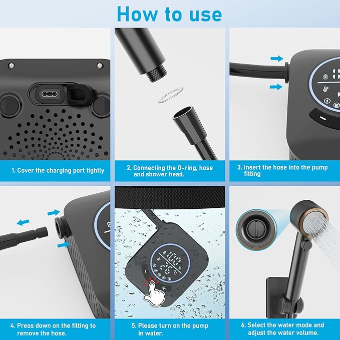 GOSCHE Portable Camping Shower, 8000mAh Rechargeable Outdoor Shower Pump with 20L Collapsible Bucket, Intelligent LED Display, IPX8 Waterproof Pump for RV, Travel, Hiking, Pet Bath, Beach