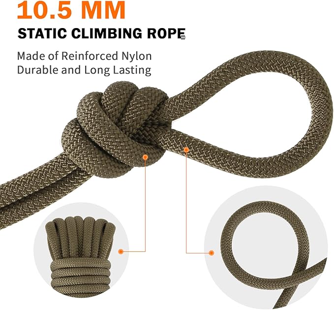 AOLEBA 10.5 mm Static Climbing Rope 10M(32ft) 20M(64ft) 30M(96ft) 50M(160ft) 70M(230ft) Outdoor Rock Climbing Rope, Escape Rope Ice Climbing Equipment Fire Rescue Parachute Rope