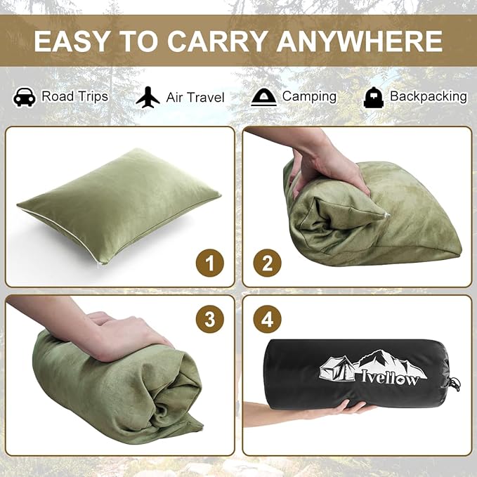 Ivellow Memory Foam Travel Pillow Compressible Camping Pillow for Sleeping Shredded Memory Foam Pillow Compact Firm Supportive Travel Pillow for Adults Kids Outdoor Hiking Essential Gear Green-M