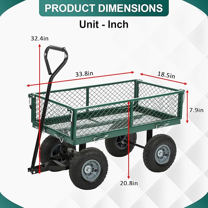 BestMassage Heavy Duty 500 Lbs Capacity Mesh Steel Garden Cart Folding Utility Wagon with Removable Sides for Beach Lawn Yard Landscape (Green)