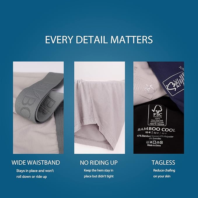 BAMBOO COOL Men's Underwear Boxer Briefs Fly with Built-in 3D Pouch Comfortable Cool Underwear for Men 4 Pack