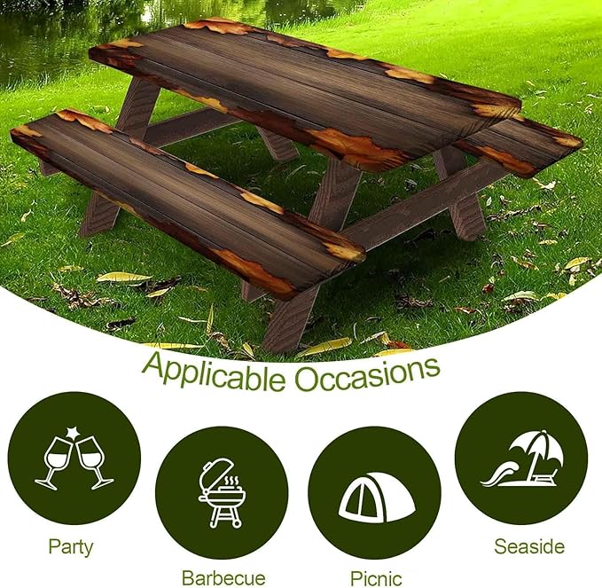 CAPSCEOLL Elastic Picnic Table Cover with Bench Covers 5Ft Waterproof Fitted Picnic Table Cover Cloths for Outdoors Camping Tablecloth with Drawstring Bag, 60X30in, Brown Wood