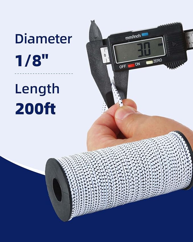 Bungee Cord 1/8 Inch x 200 Feet - White with Black Trace - Elastic Shock Cord, Stretch Rope for Kayak, Crafts, Tie-Downs, DIY Projects - Flexible, High-Strength Bungee Rope