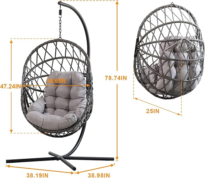 PRIVATE GARDEN Hanging Egg Chair with Stand Indoor Outdoor Unique PE Rattan Wicker Basket Chair with Grey Cushion Folding Swing Chair (Grey)