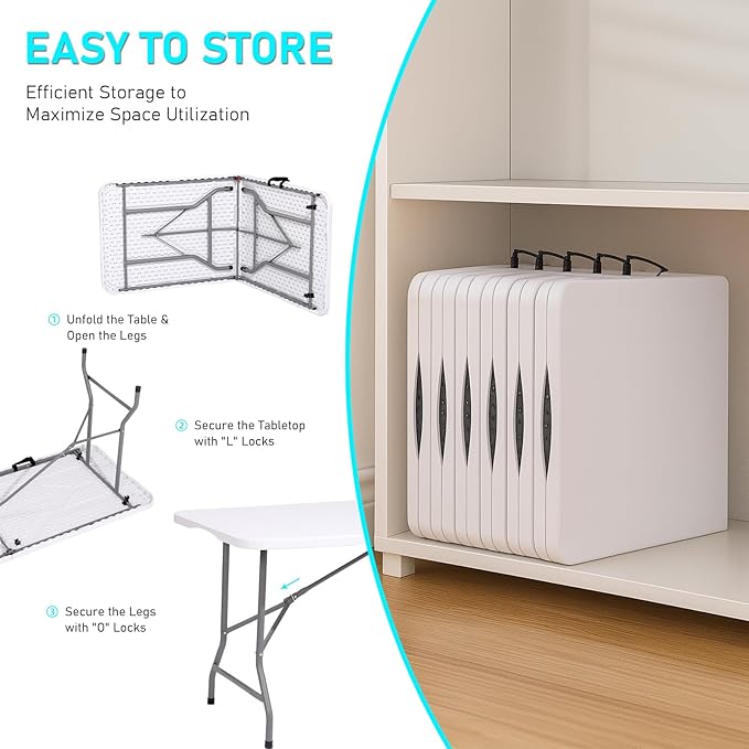 6ft Heavy Duty Portable Folding Table - Plastic Dining Table Indoor/Outdoor White Plastic Table for Parties, BBQs, and Camping