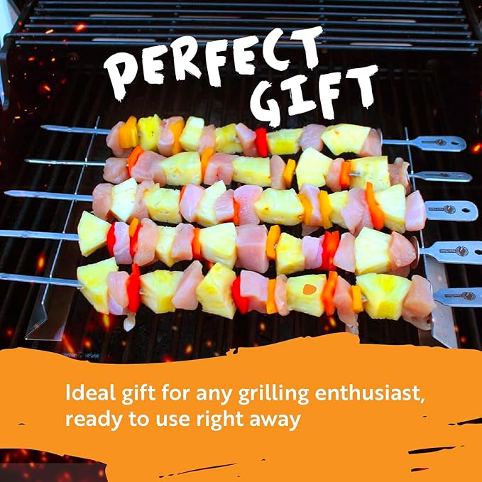 Cave Tools Kebab Rack & Skewers Set - Stainless Steel, Includes 10 Flat Skewers with Food Remover Disc - Compatible with All Types - 17.3 Inch BBQ Grilling Accessories