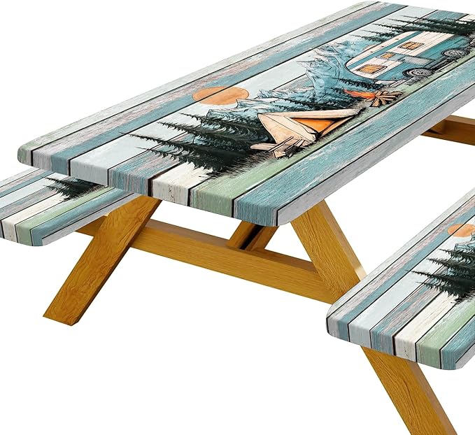 JAWO Picnic Table Cover with Bench Covers Outdoor Camping Essentials Windproof Waterproof Fitted Picnic Table Cloth Wood Texture Fitted Picnic Tablecloth with Elastic, 30x72in