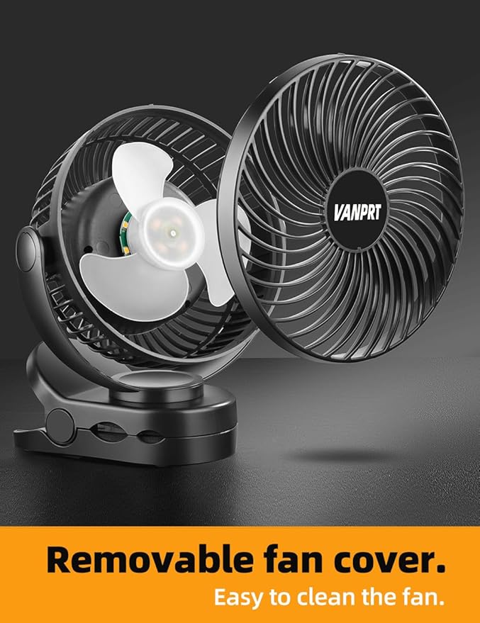 6'' Portable Hanging RV Tent fan with Remote Control,10000mAh Battery Camping Fan with LED light and Timer, 40 Hours Working Time Rechargeable Clip Fan, as Emergency Power - Black