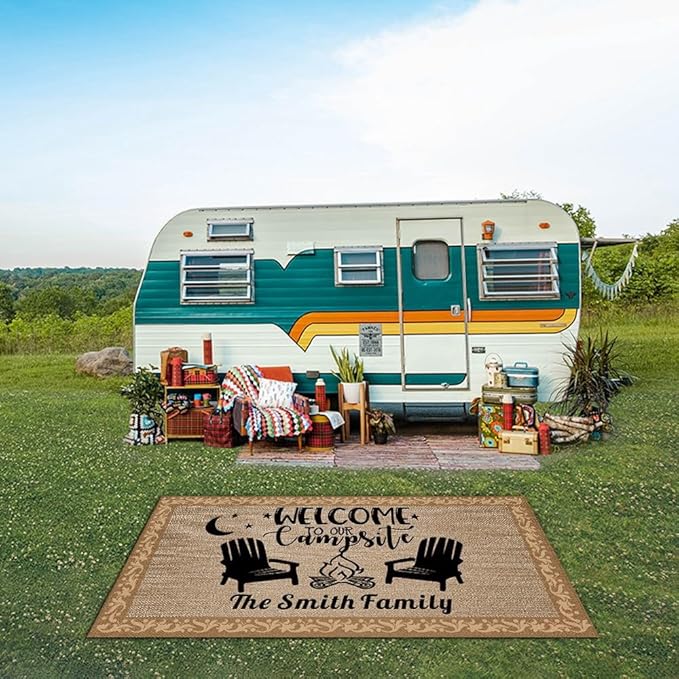 Custom Camping Rugs Welcome to Our Campsite RV Trailer Decor Camper Floor Mat for Outdoors, Patio, Backyard, Picnic, Beach, Camping, 66 x 99 Inch, 20 RV Optional