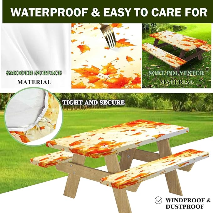CAPSCEOLL Fitted Picnic Table Cover with Bench Covers with Elastic 8Ft Waterproof Camping Picnic Table Cover Cloths for Outdoors Camping Tablecloth with Drawstring Bag, 96X30in, Fall Maple