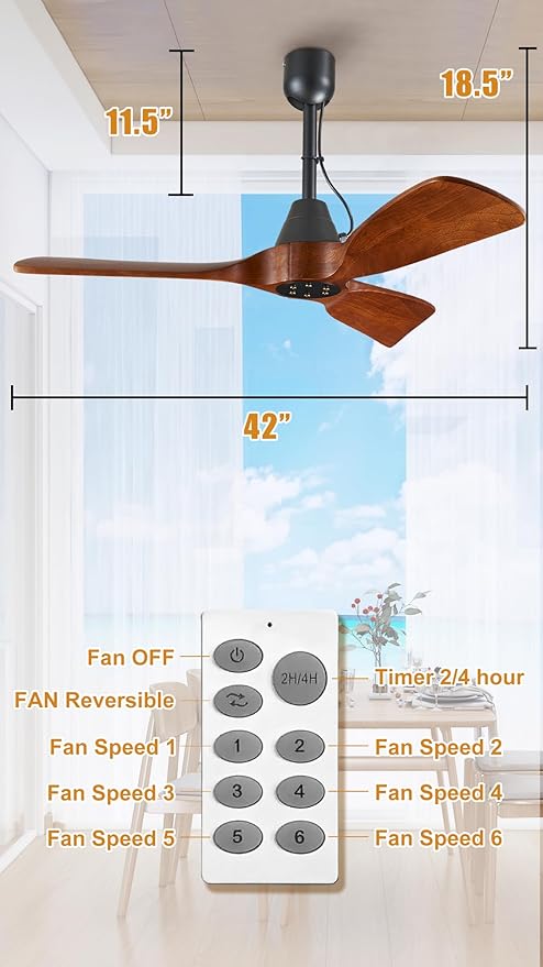 3 Blades Wood Outdoor Ceiling Fan for Patios, Farmhouse Rustic Ceiling Fans, 42" Plug-in Wet Rated Outdoor Gazebo Fan for Exterior House Porch Patio, Waterproof,F248