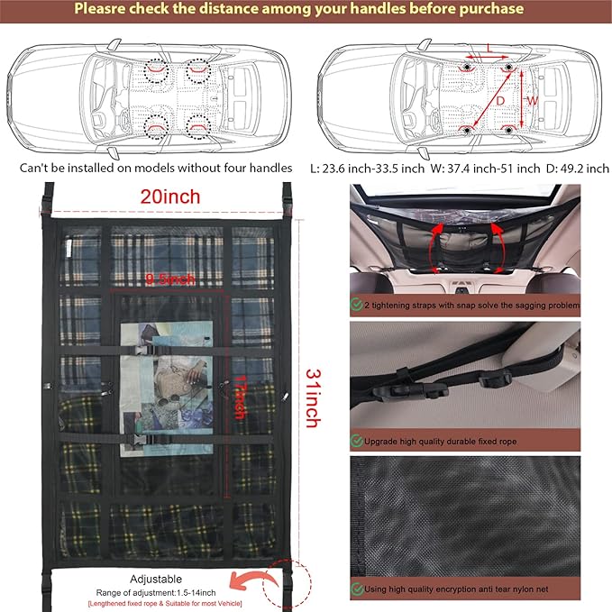 Car Ceiling Cargo Net Pocket, 31"x20" Double-Layer Mesh Car Roof Storage Organizer Strengthen Load-Bearing and Reduce Sagging Cargo Net Truck SUV Long Road Trip Camping Interior Accessories
