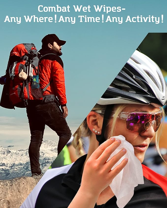 Combat Wipes ACTIVE Outdoor Wet Wipes - Extra Thick Camping Gear, Biodegradable, Body & Hand Cleansing/Refreshing Cloths for Backpacking & Gym w/Natural Aloe & Vitamin E (8 pack, 200 Wipes)…