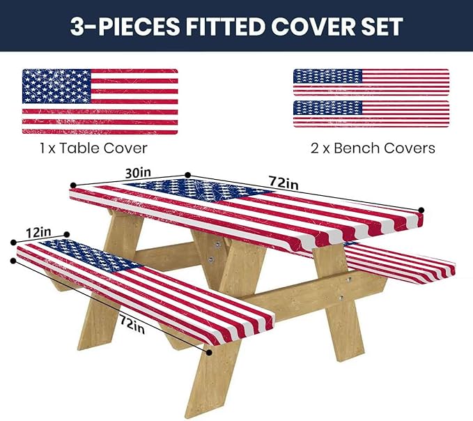 CAPSCEOLL Fitted Picnic Table Cover with Bench Covers 4Th of July Waterproof Camping Tablecloth All-Weather Outdoor Table Protector with Drawstring Bag for Camping Essentials, 72X30in, American Flag