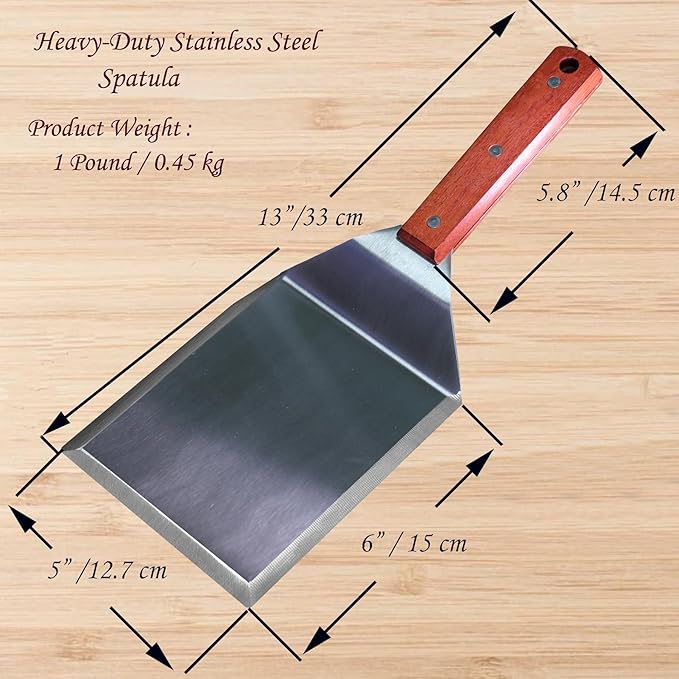 La Cuisine Extra-Wide Spatula Stainless Steel with Wooden Handle for BBQ Flat Top Griddle Blackstone Grill Pancake Smash Burger Tool Hamburger Turner, Heavy-duty 5x6” Stainless Steel, 1 Pound Weight