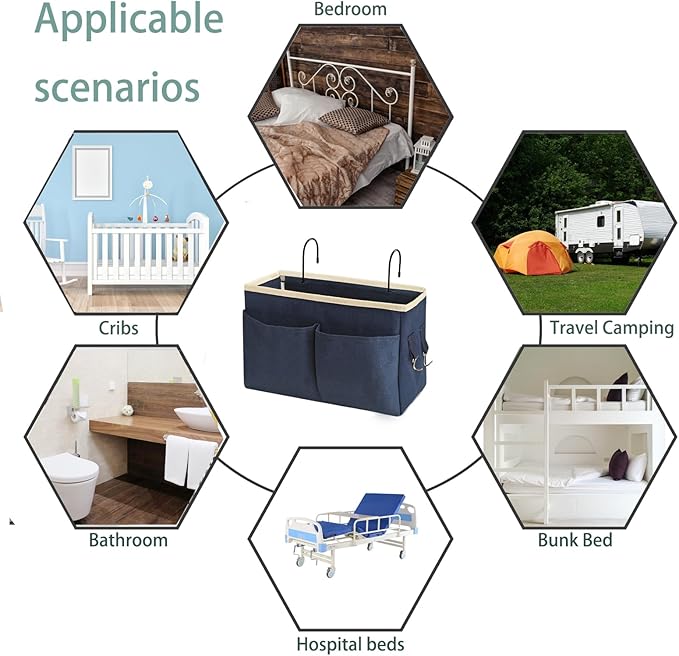 Bedside Caddy Bedside Hanging Storage Basket Multi-Function Organizer Caddy for Bunk and Hospital Beds Dorm Rooms Bed Rails, Can be Placed Glasses Books Mobile Phones(Navy Blue)