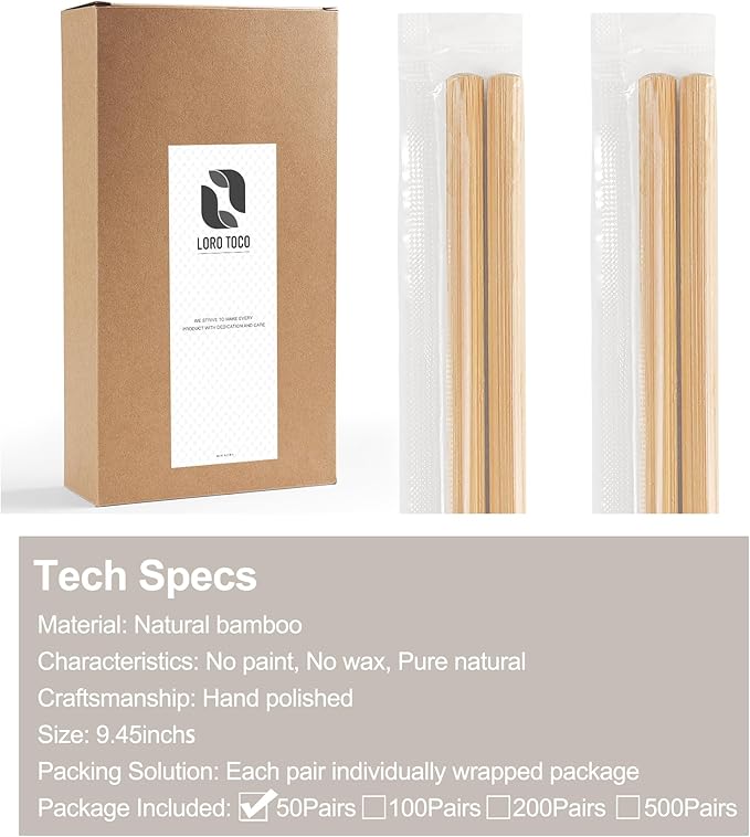 50 Pairs Chopsticks Disposable Reusable 9.5" Individually Wrapped Bulk Premium Quality