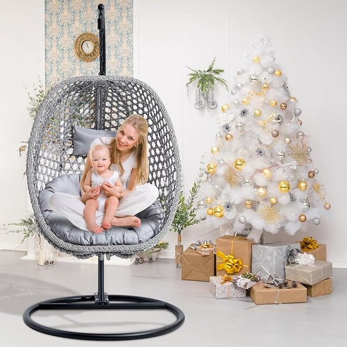 JUFU Egg Swing Chair with Stand,Hanging Egg Chair Indoor Outdoor,Hammock Hanging Basket Chair with Aluminum Steel Frame,Patio Egg Chair with Removable Cushions for Patio Balcony Backyard,Bedrooms
