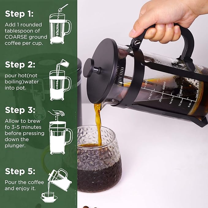 High - Quality 21 Ounce / 600ML French Press - Stainless Steel & Heatproof Glass, 4 - Filter Design - Make Cold Brew, Espresso, Coffee & Tea with Ease