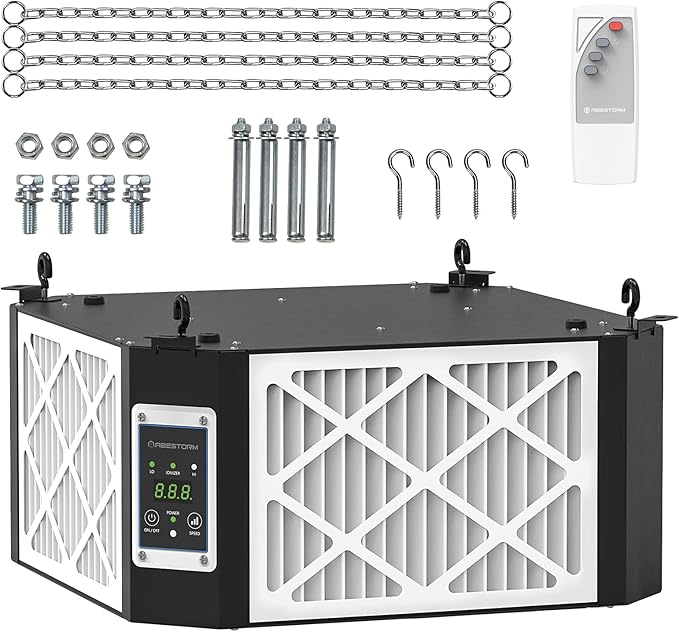 ABESTORM Air Filtration System Woodworking Built-in Ionizer, 1350CFM Hanging Air Filter with Strong Vortex Fan, 360 Degree Intake, Shop Dust Collector for Woodworking, Garage WorkShop, DecDust 1350IG