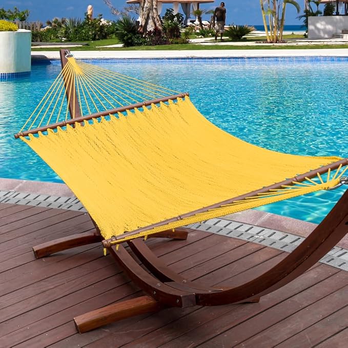 Lazy Daze Hammocks 10.5 FT Double 2 Person Caribbean Rope Hammock, Hand Woven Polyester Hammock with Spreader Bars, for Outside Outdoor Backyard Patio Poolside,450 LBS Capacity, Yellow