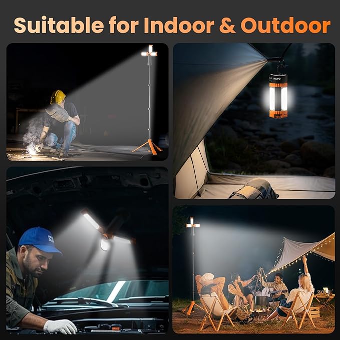 CAVN Rechargeable 10000mAh Camping Lights with Stand 6.5 ft Max Height, Portable Cordless LED Work Light 2200 Lumens 6500/4500/3500K Dimmable Camping Essentials Gear with Detachable Tripod, Orange
