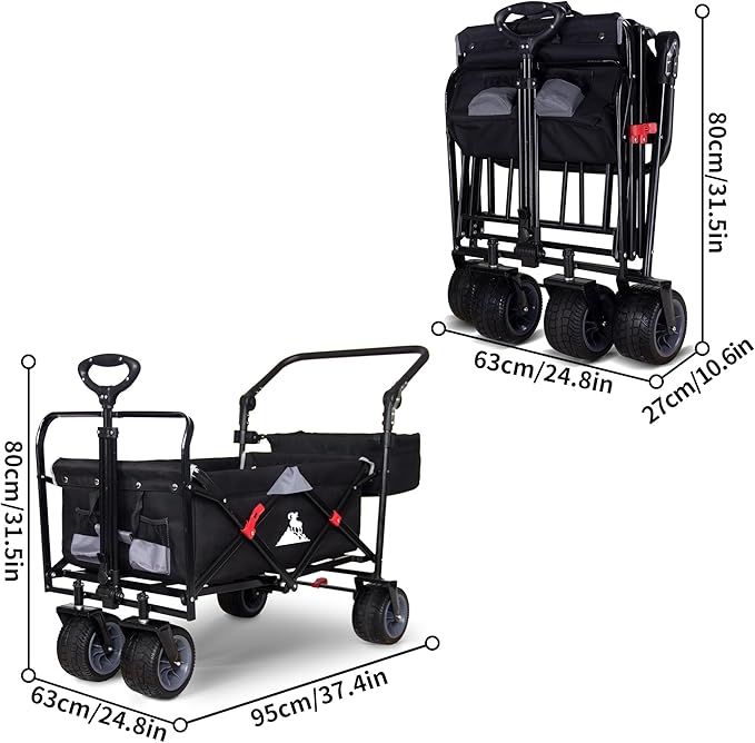 Folding Utility Wagon | Heavy-Duty Collapsible Cart with Brakes & Adjustable Handle | for Gardening, Beach Trips, Camping, Shopping & Outdoor Transport (Black/Grey)