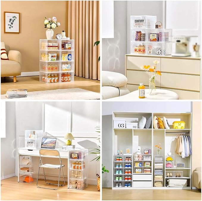 10 Pack Closet Organizers and Storage,Clear Stackable Plastic Storage Bins with Lids Magnetic Doors,Clothes Organizers and Storage,Plastic Craft Containers for Wardrobe Kitchen Bathroom Office